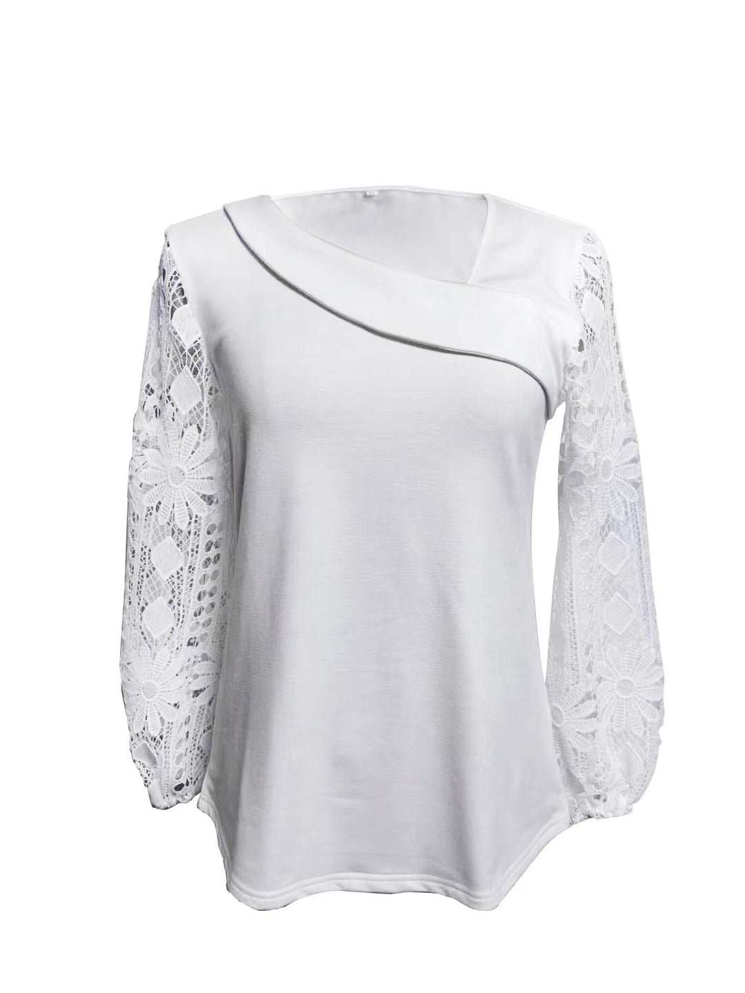 Ladies nan tunic top with asymmetrical waterfall yoke and floral lace balloon sleeves Mune Fashion