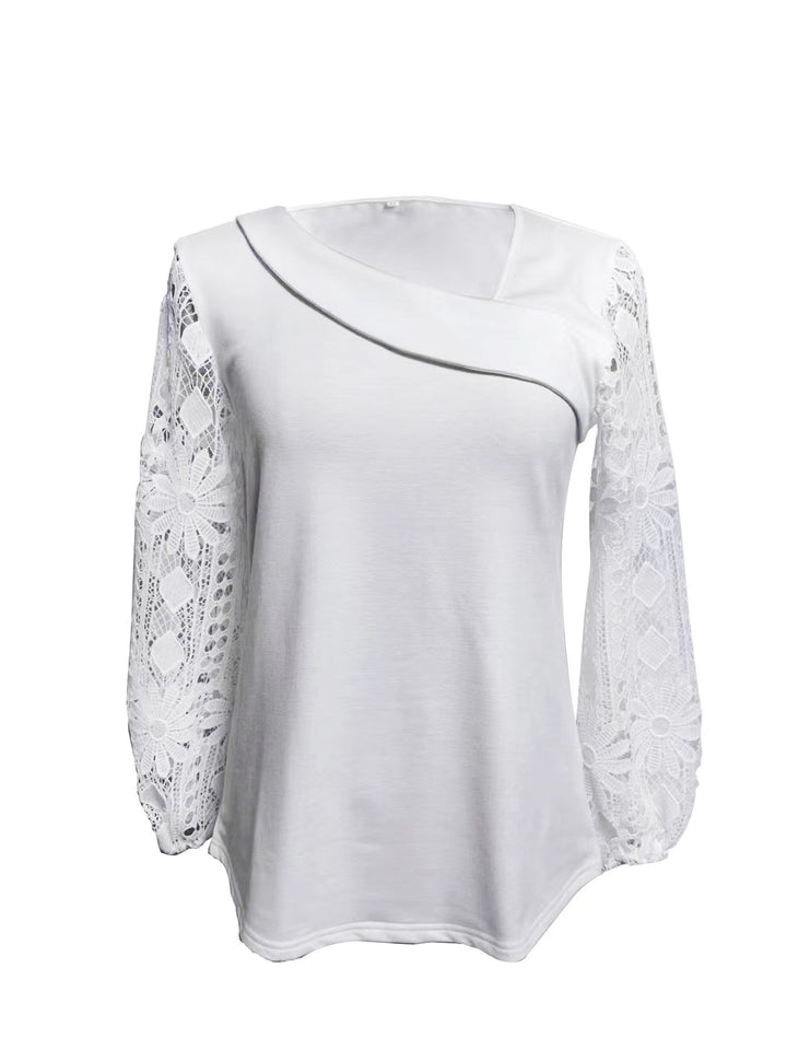 Ladies nan tunic top with asymmetrical waterfall yoke and floral lace balloon sleeves Mune Fashion