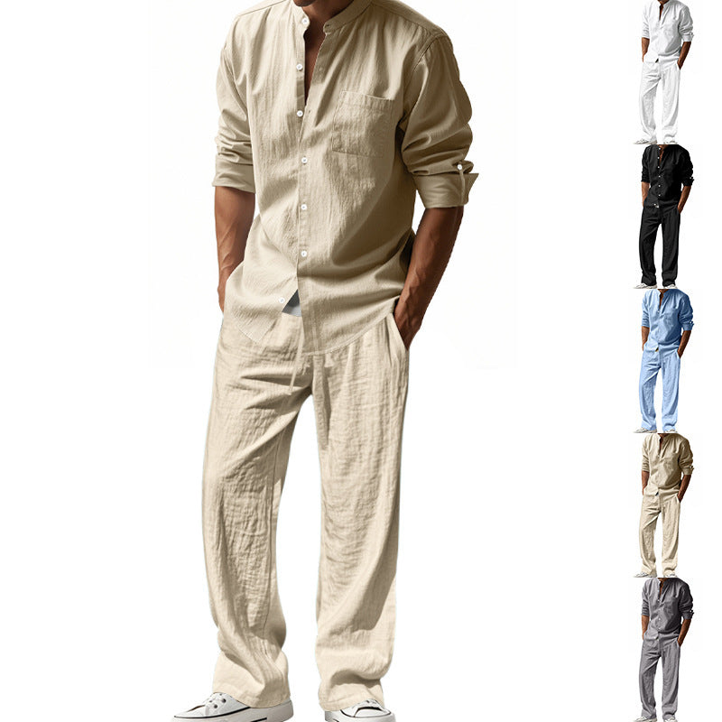Men's Nan Leisure Linen Relax Set with Stand-Up Collar Shirt and Loose Drawstring Pants Mune Fashion