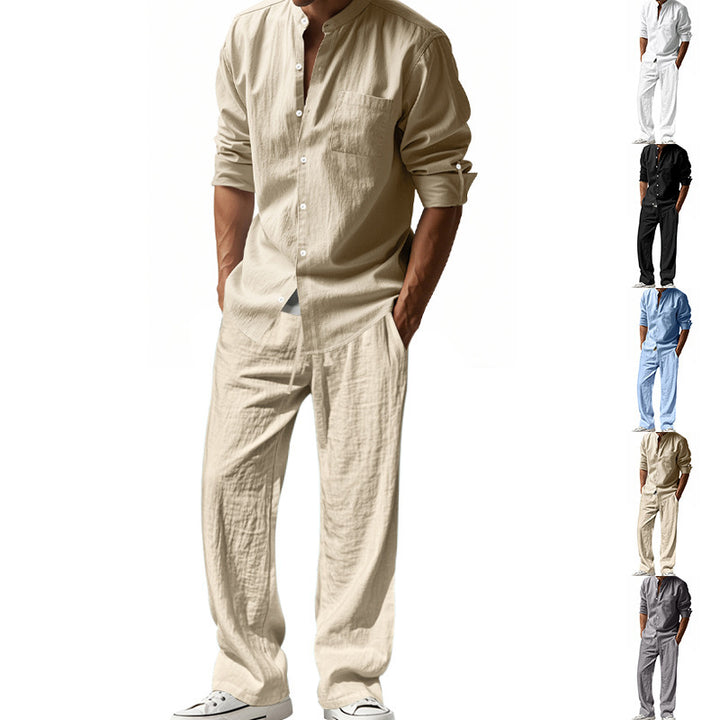 Men's Nan Leisure Linen Relax Set with Stand-Up Collar Shirt and Loose Drawstring Pants Mune Fashion