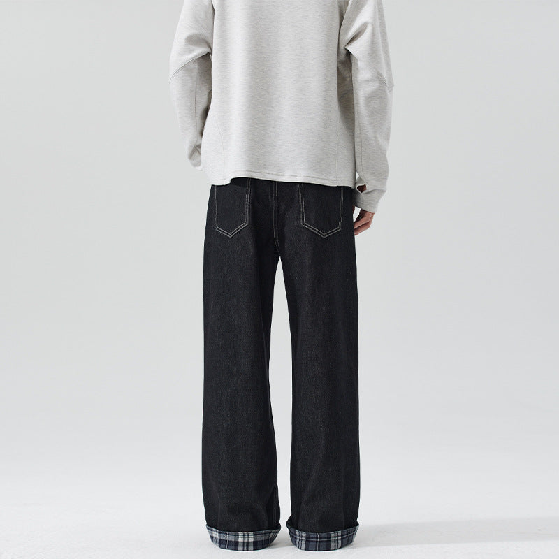 Men's Extra Wide Denim Palazzo Jeans with Cuffed Plaid Cuff and Visible Seam Mune Fashion