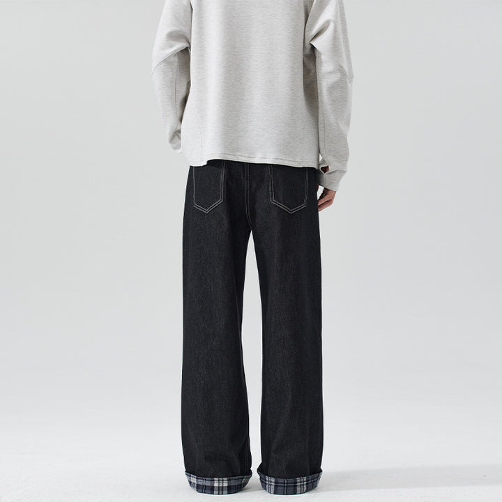 Men's Extra Wide Denim Palazzo Jeans with Cuffed Plaid Cuff and Visible Seam Mune Fashion