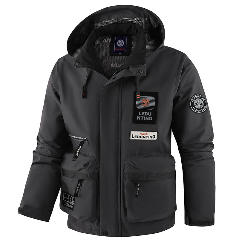 Men's nano technical field jacket with hood and multifunctional pockets, water-repellent softshell fabric
