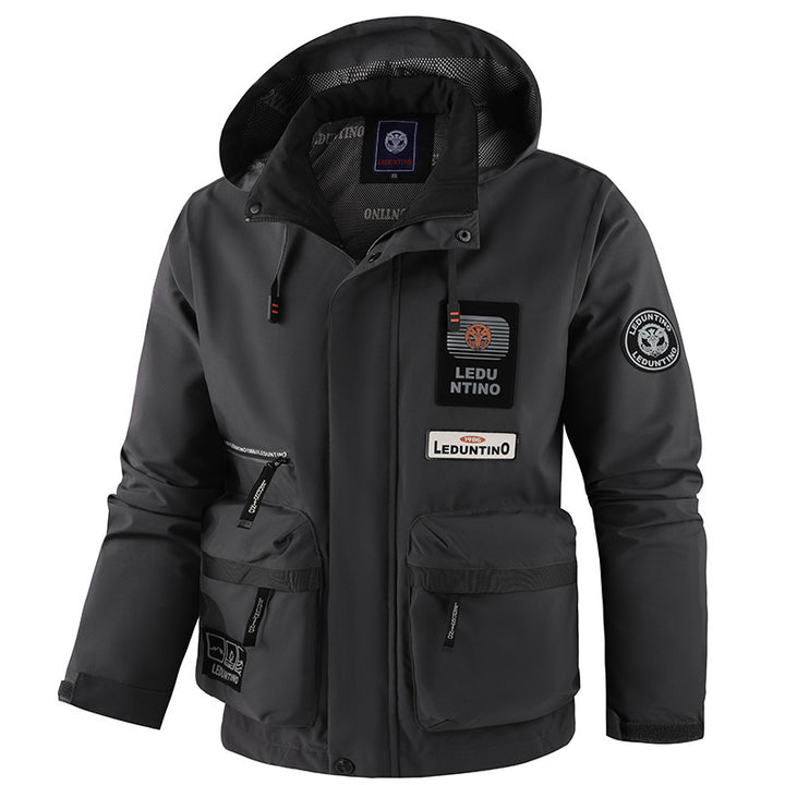 Men's nano technical field jacket with hood and multifunctional pockets, water-repellent softshell fabric