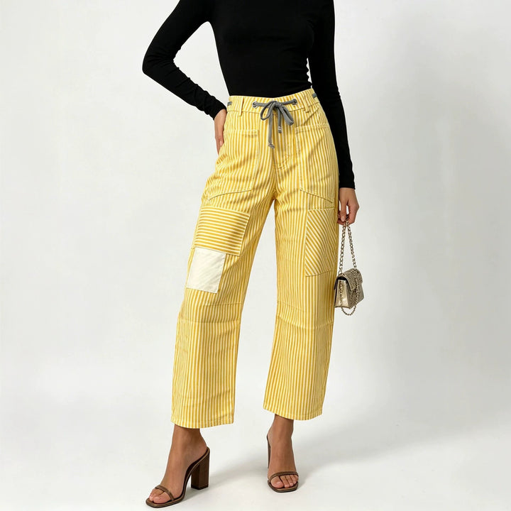 Women nan High-Waist Relaxed Pants with vertical stripe pattern, patch knee patches and drawstring Mune Fashion