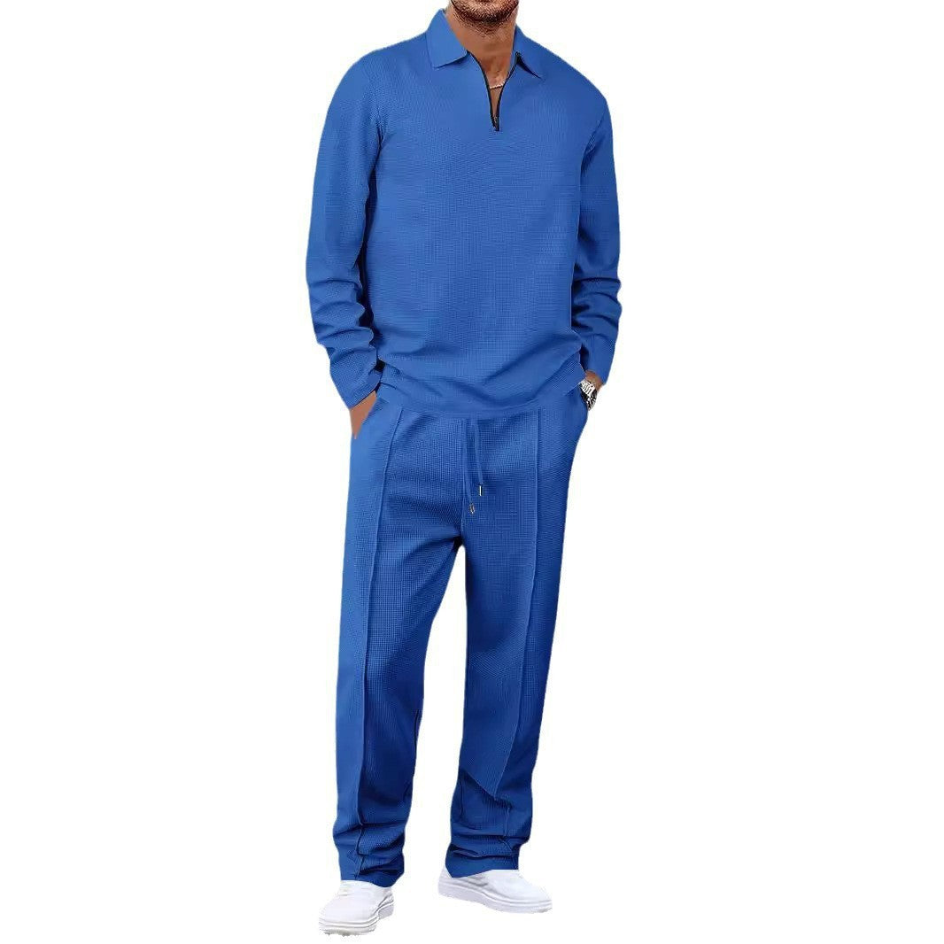 Men's waffle texture loungewear and leisure set with half-zip polo collar and drawstring waistband Mune Fashion