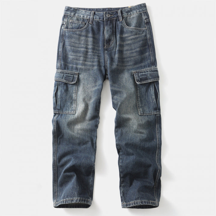 Men's cargo jeans with patch leg pockets and used wash Mune Fashion