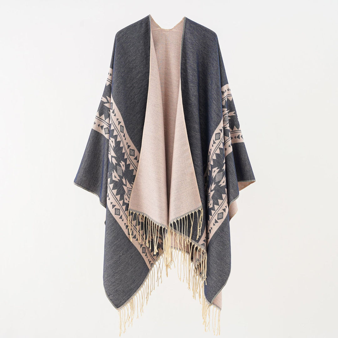 Women's Oversize Poncho with Fringes and Jacquard Pattern Mune Fashion