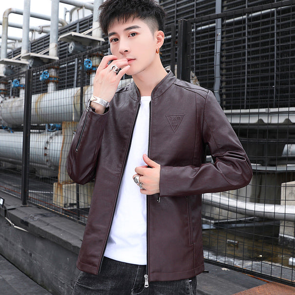 Men's slim-fit faux leather motorcycle jacket with minimalist stand-up collar and zipper detail Mune Fashion