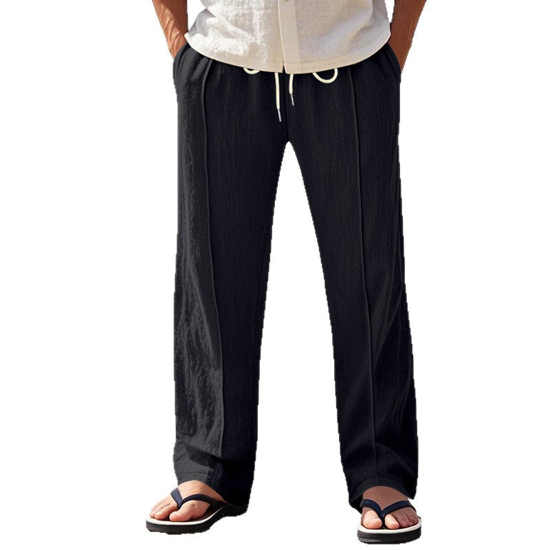 Men's Lightweight Pleated Casual Pants made of Linen Blend with Elastic Drawstring Waistband and Rolled Hem Mune Fashion