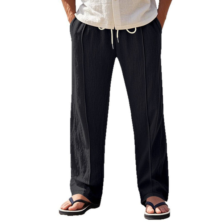 Men's Lightweight Pleated Casual Pants made of Linen Blend with Elastic Drawstring Waistband and Rolled Hem Mune Fashion