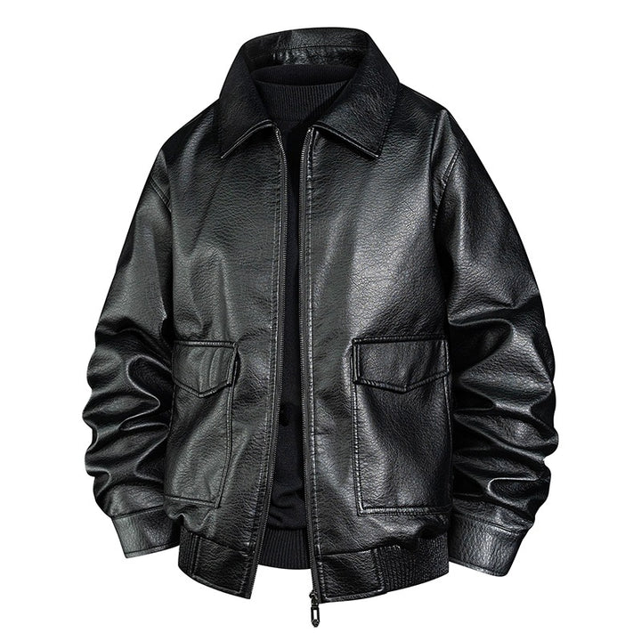 Men's Casual Faux Leather Jacket with Collar and Pockets Mune Fashion