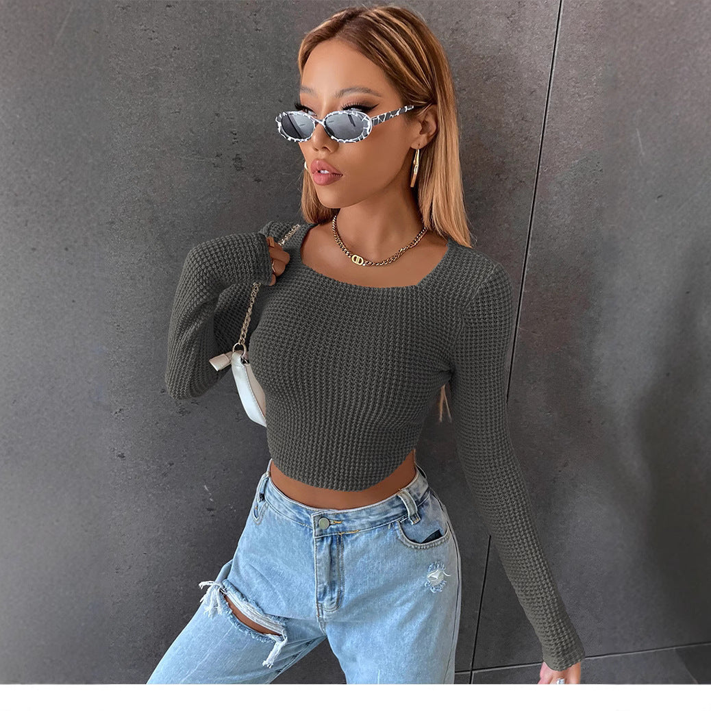 Women's Fitted Cropped Waffle Knit Top with Boat Neck Mune Fashion
