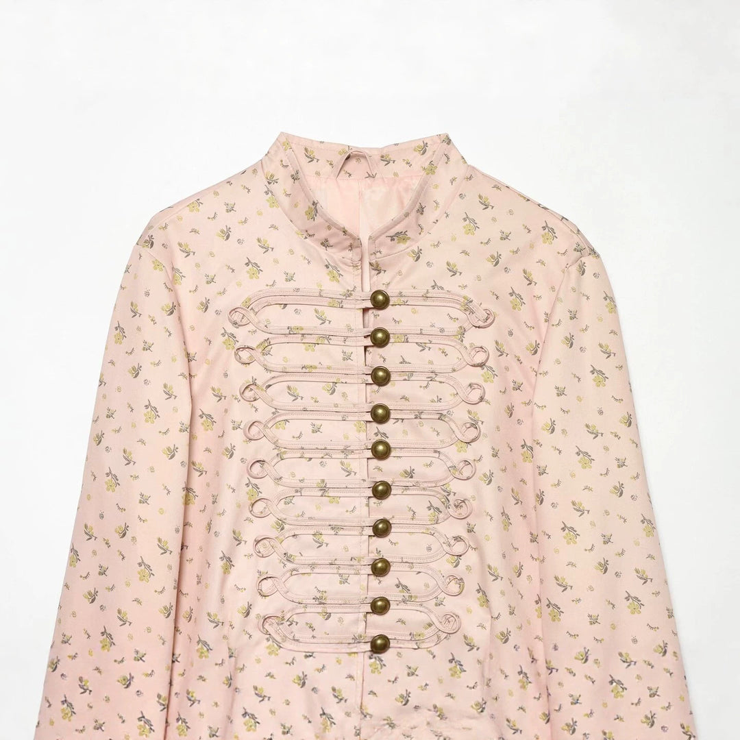 Women's short-cut satin military jacket with decorative frog closures and floral print Drune