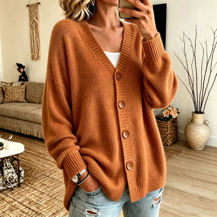 Women's Loose Longline Cardigan with Deep V-Neck and Wooden Buttons Mune Fashion