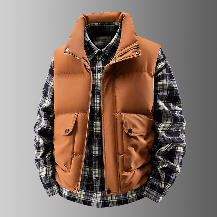Men's Padded Quilted Vest with Utility Pockets and High Standing Collar Mune Fashion