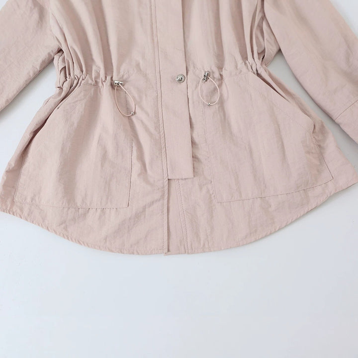 Women's Tailored Windbreaker with Drawstring, Stand Collar and Balloon Sleeves Mune Fashion