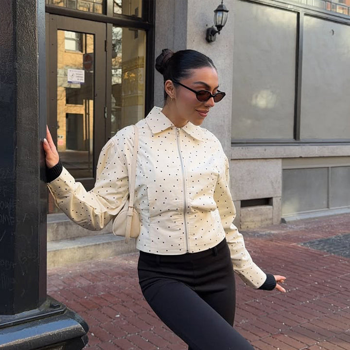 Women's tailored short jacket with polka-dot perforation, shirt collar, and concealed zipper Mune Fashion