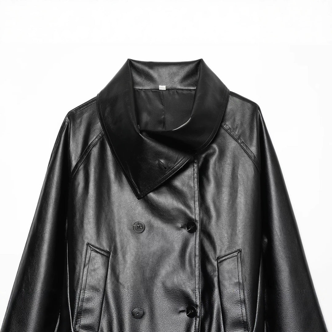 Women's Cropped Faux Leather Jacket with Wide Funnel Collar and Double-Breasted Button Placket Mune Fashion