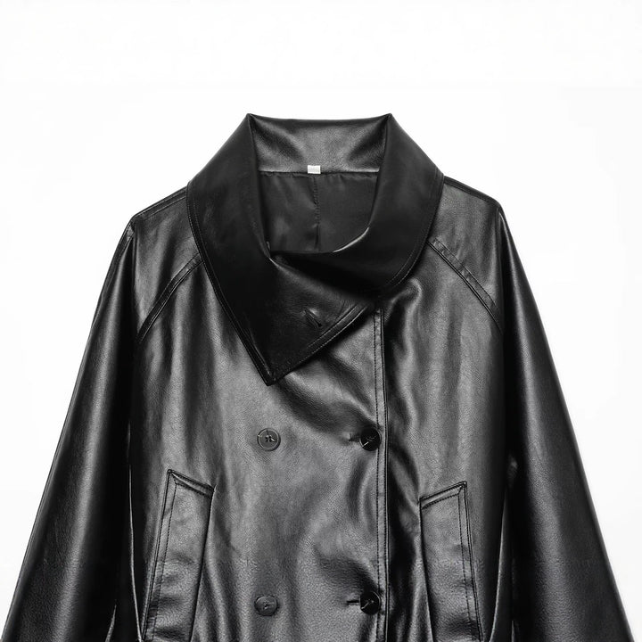 Women's Cropped Faux Leather Jacket with Wide Funnel Collar and Double-Breasted Button Placket Mune Fashion