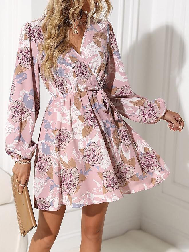 Women's Floral Wrap Mini Dress with V-Neck, Tied Belt and Long Balloon Sleeves Mune Fashion