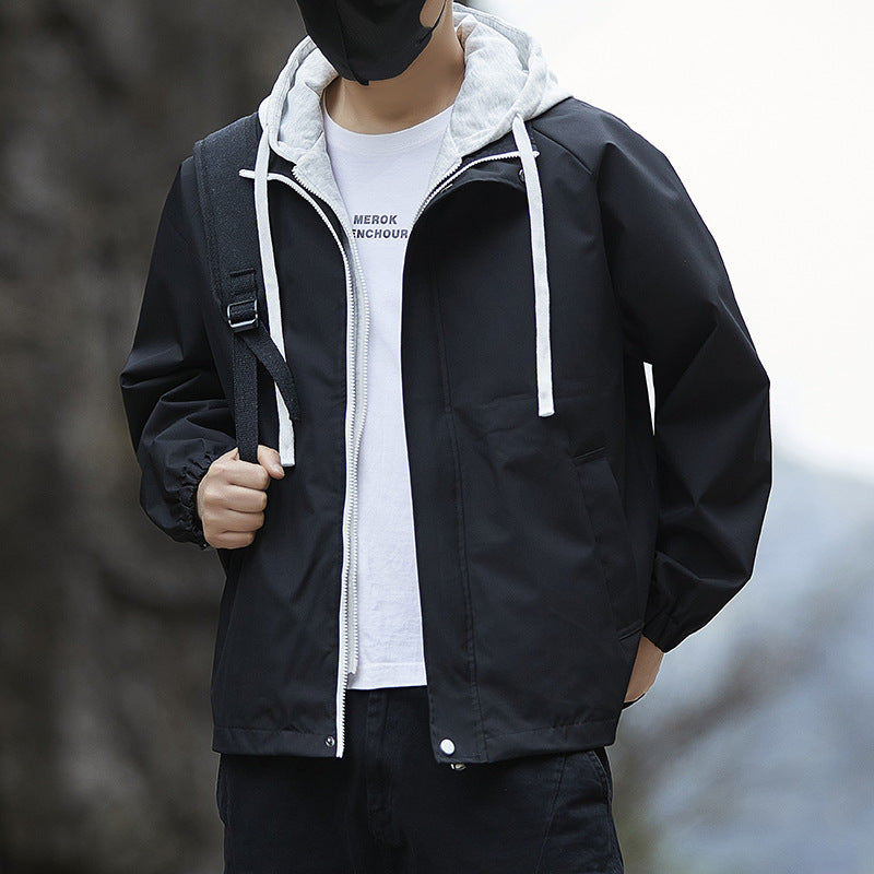 Men's Lightweight Hooded Rain Jacket in Bomber Style with Concealed Zipper and Elastic Cuffs Mune Fashion