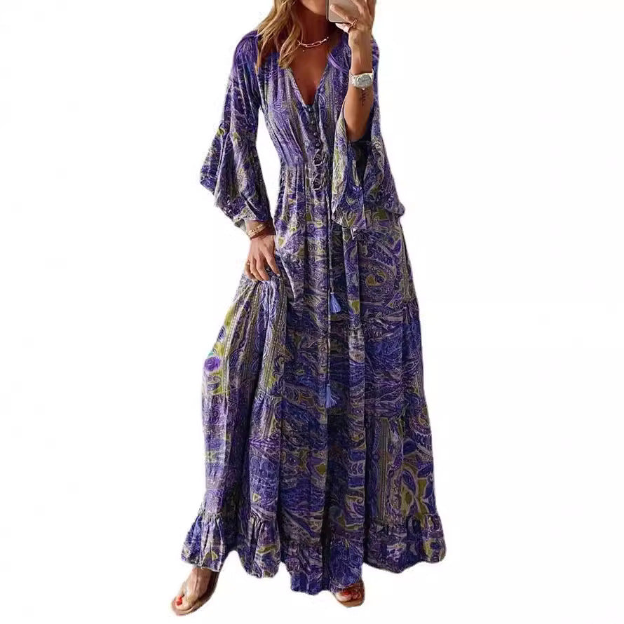 Women's Boho Maxi Dress with Paisley Print, V-Neck, Tiered Skirt and Tie Belt Mune Fashion