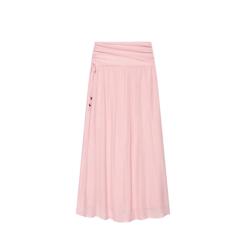 Women Maxi Skirt with High Waist, Side Decorative Cord and Wide Pleated Fall Mune Fashion
