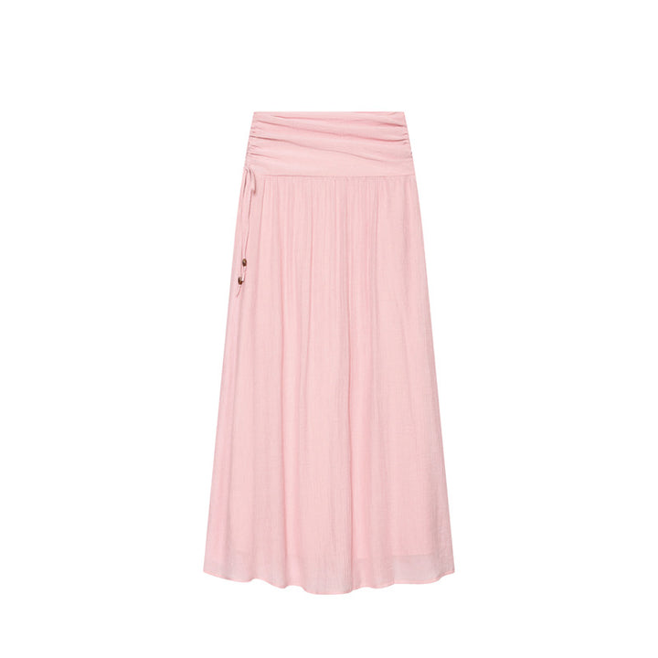 Women Maxi Skirt with High Waist, Side Decorative Cord and Wide Pleated Fall Mune Fashion