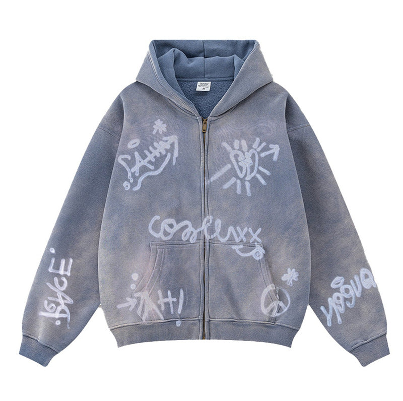 Unisex oversized hoodie jacket with full-length zipper, brushed fleece lining, and hand-like spray print Mune Fashion