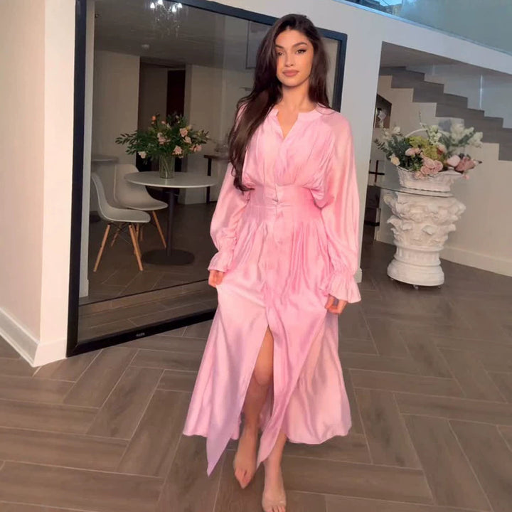 Women's maxi dress made of satin with fitted gathering, stand-up collar and front slit Mune Fashion