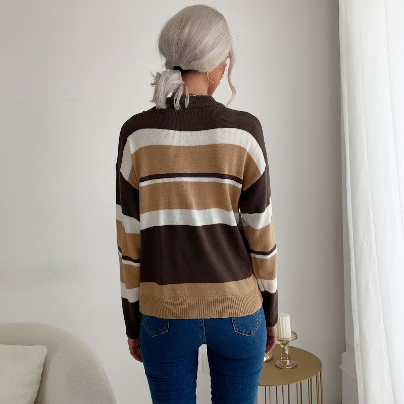 Women's Long Sleeve Striped Fine Knit Sweater with Short Stand-Up Collar and Casual Silhouette Mune Fashion