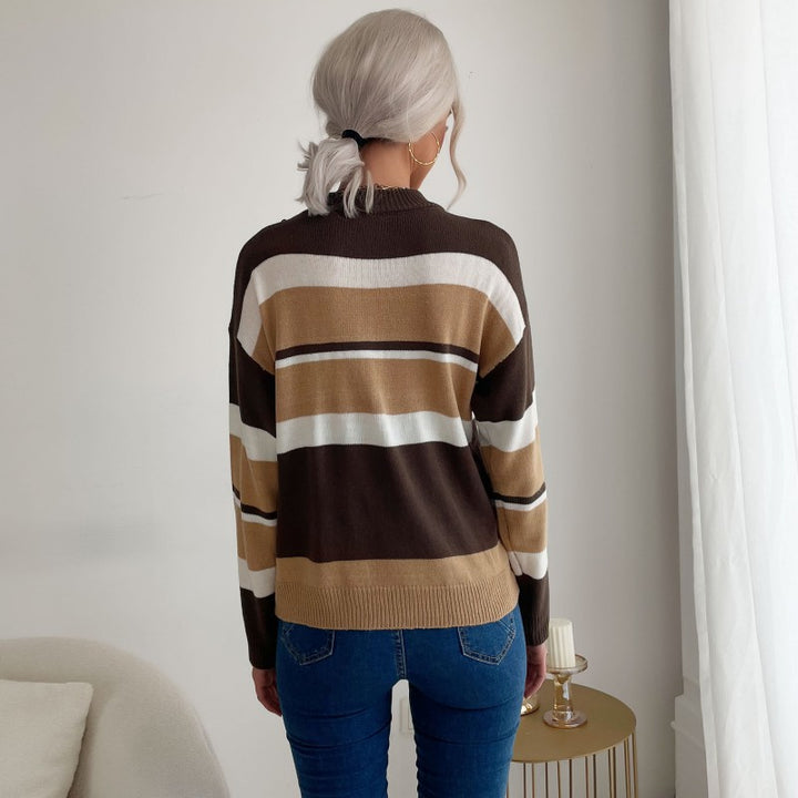 Women's Long Sleeve Striped Fine Knit Sweater with Short Stand-Up Collar and Casual Silhouette Mune Fashion