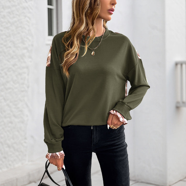 Women's Casual Round Neck Sweatshirt with Check Pattern Inserts and Gathered Cuffs Mune Fashion