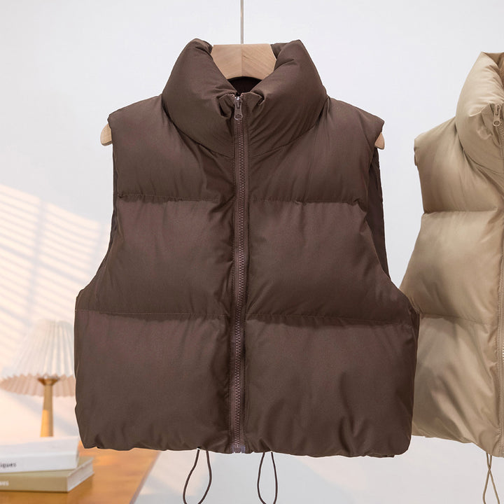 Women's Short Cut Quilted Down Vest with Stand-up Collar and Drawstring Mune Fashion