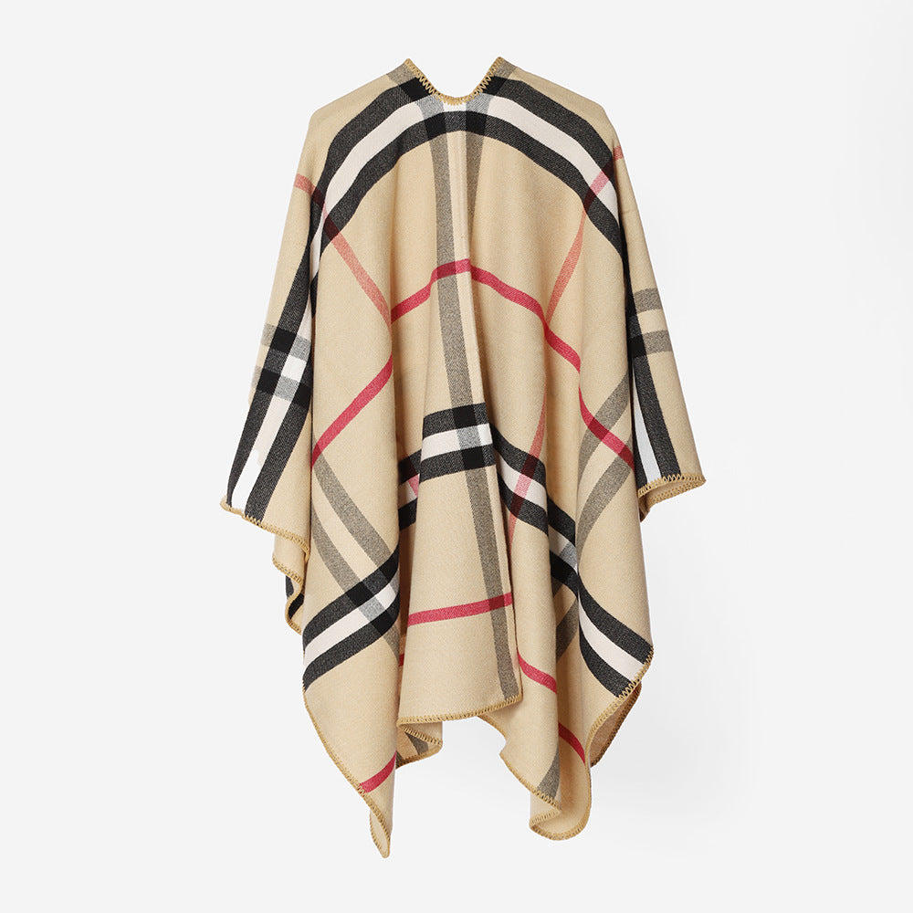 Women's Checked Wool Blend Poncho in Oversized Cape Cut with Decorative Stitch Edge Mune Fashion