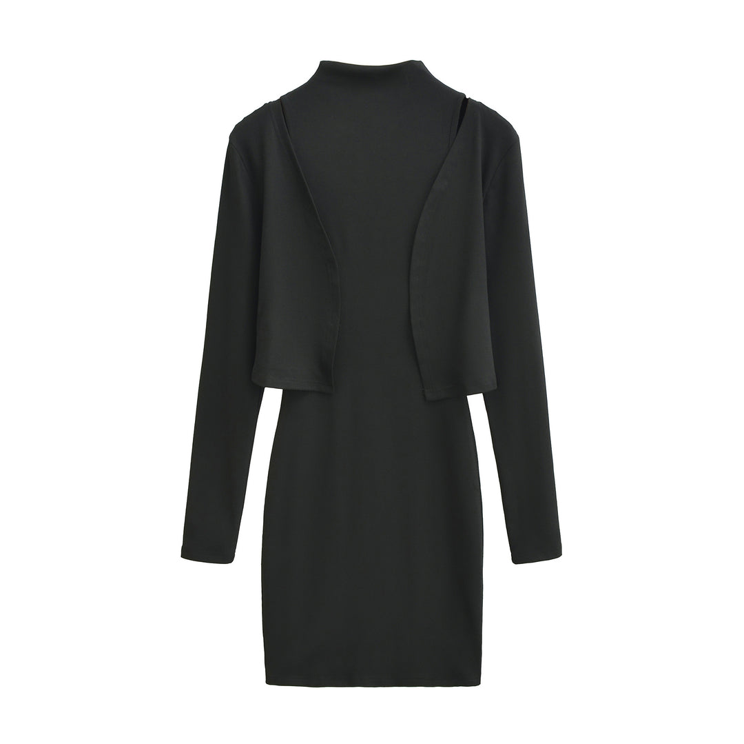 Ladies Figured Close-Fitting Midi Dress with Integrated Bolero and Stand-Up Collar Mune Fashion