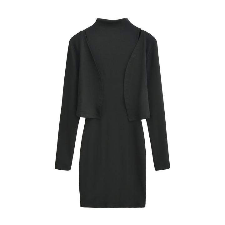 Ladies Figured Close-Fitting Midi Dress with Integrated Bolero and Stand-Up Collar Mune Fashion