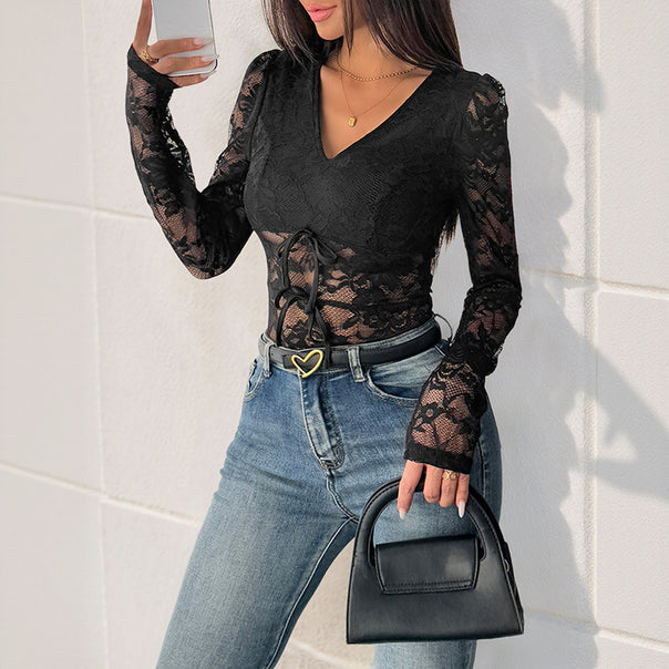 Ladies lace body with V-neck, long-sleeved and waist lacing Mune Fashion