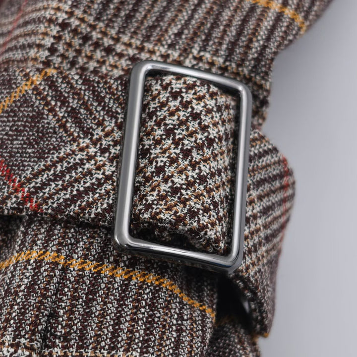 Ladies Short Double-Breasted Tailored Check Jacket with Stand Collar and Waist Straps Mune Fashion