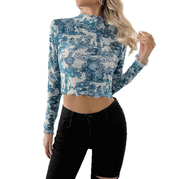 Women’s figure-hugging transparent long-sleeve cropped top with stand-up collar and wave hem Mune Fashion