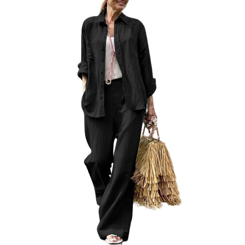 Women's Lightweight Linen Two-Piece Set with Loose Shirt Blouse and Wide High-Waist Pants Mune Fashion