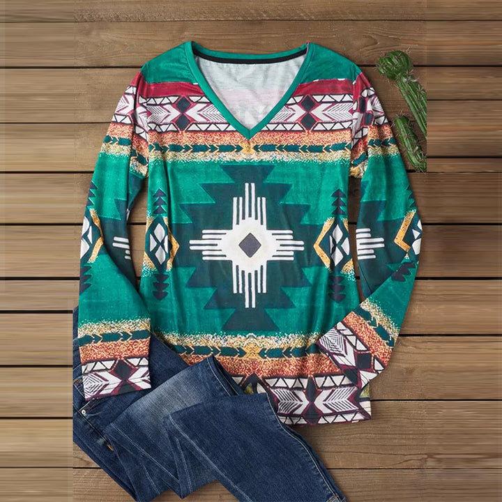 Women's long sleeve shirt with V-neck and graphic ethnic print casual fit Mune Fashion