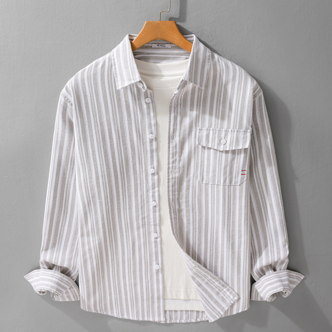 Men's Long-Sleeve Cotton-Linen Striped Shirt in Relaxed Fit with Flap Chest Pocket Mune Fashion