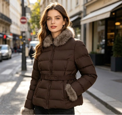Women's short tailored winter quilted jacket with removable faux fur collar, tonal waist straps and concealed two-way zipper Mune Fashion