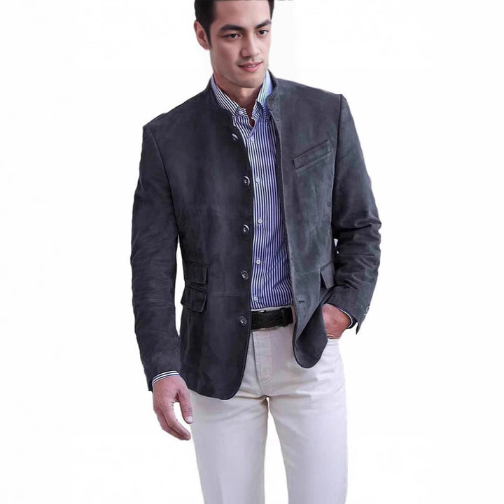Men's Suede Blazer with Stand-up Collar and Flap Pockets Mune Fashion