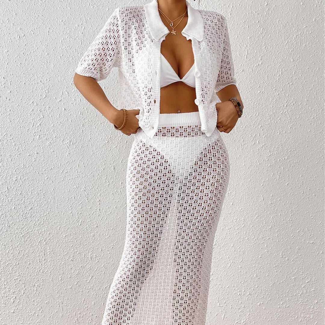 Women's airy knitted beach cover-up with elegant button placket Mune Fashion