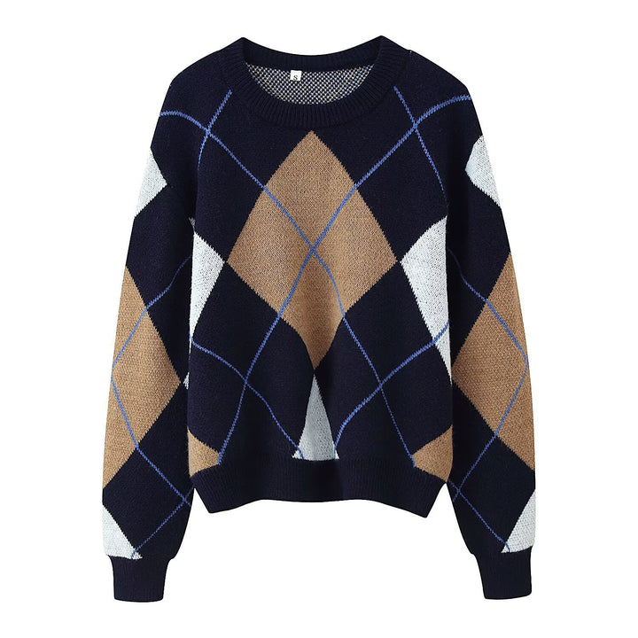 Womens Oversize Argyle Knit Sweater with Round Neck, Dropped Shoulders and Ribbed Cuffs Mune Fashion