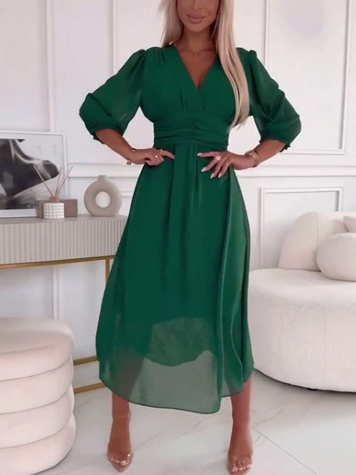Women's Chiffon Maxi Dress with V-Neck, Ruffled Waist and 3/4 Sleeves Mune Fashion