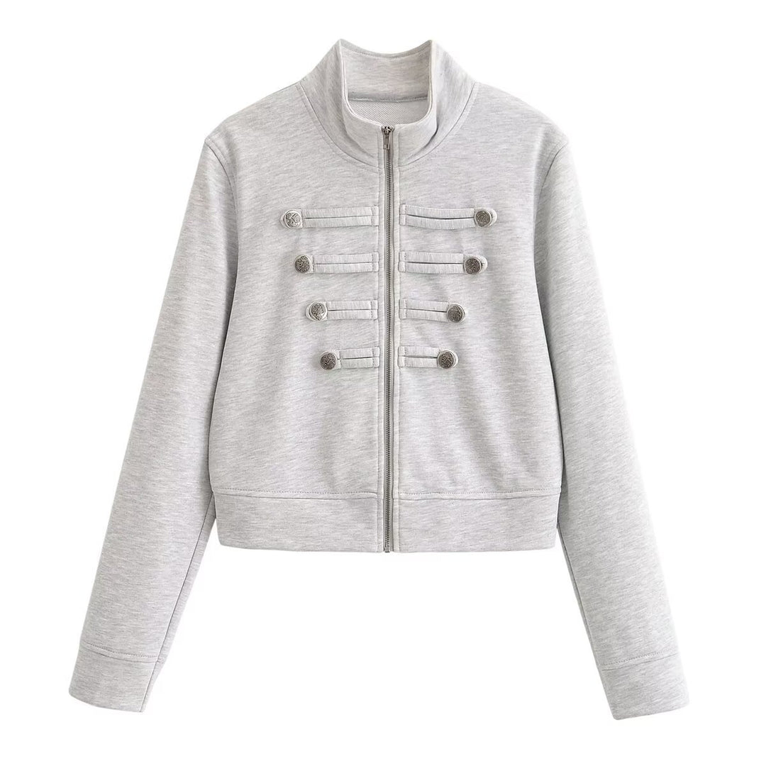 Women's short jacket made of sweat with stand-up collar and decorative military yoke Mune Fashion